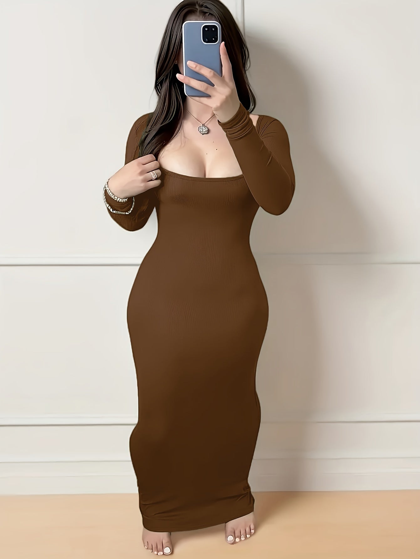 Women's Long Sleeve Bodycon Midi Dress - Elegant Brown, Stretchy Polyester/Spandex Blend, Machine Washable, Perfect for Spring/Summer/Fall Events, |Elegant Long Sleeve|Knit Construction